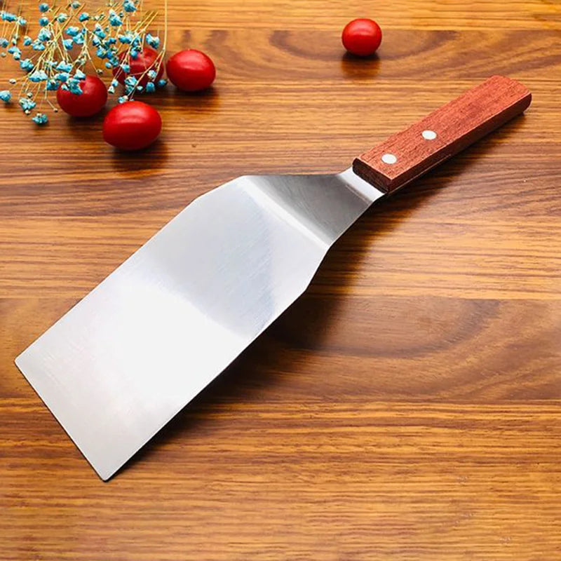 Stainless Steel Cooking Spatula – Square Head BBQ Turner with Wooden Handle for Grill & Kitchen