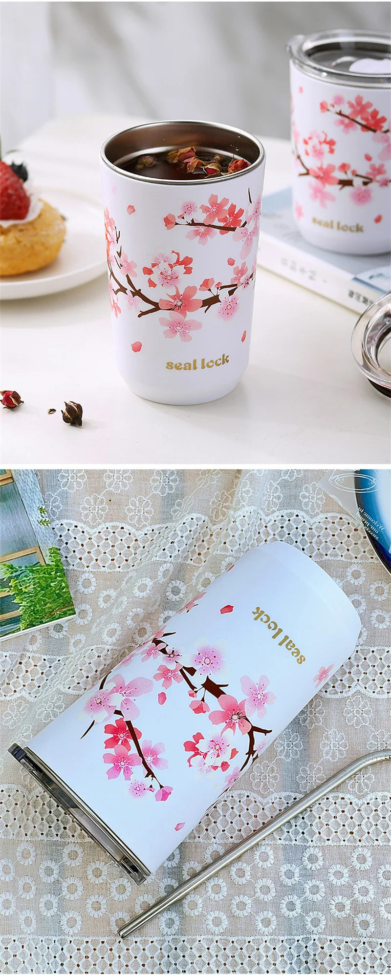 Cherry Blossom Stainless Steel Thermal Mug – Leak-Proof Travel Cup with Lid, 360–560ml