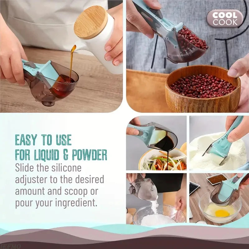 Adjustable Plastic Measuring Cup and Spoon with Handle for Dry and Liquid Kitchen Use