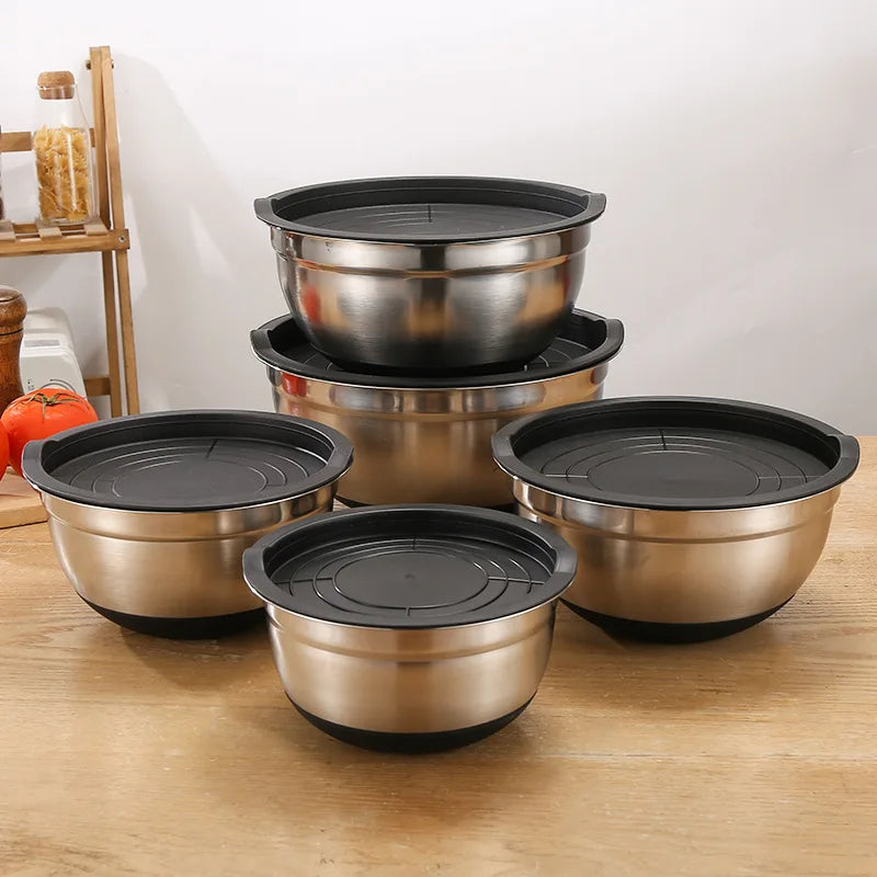 Stainless Steel Salad Mixing Bowl with Lid and Non-Slip Silicone Base – Various Sizes Available