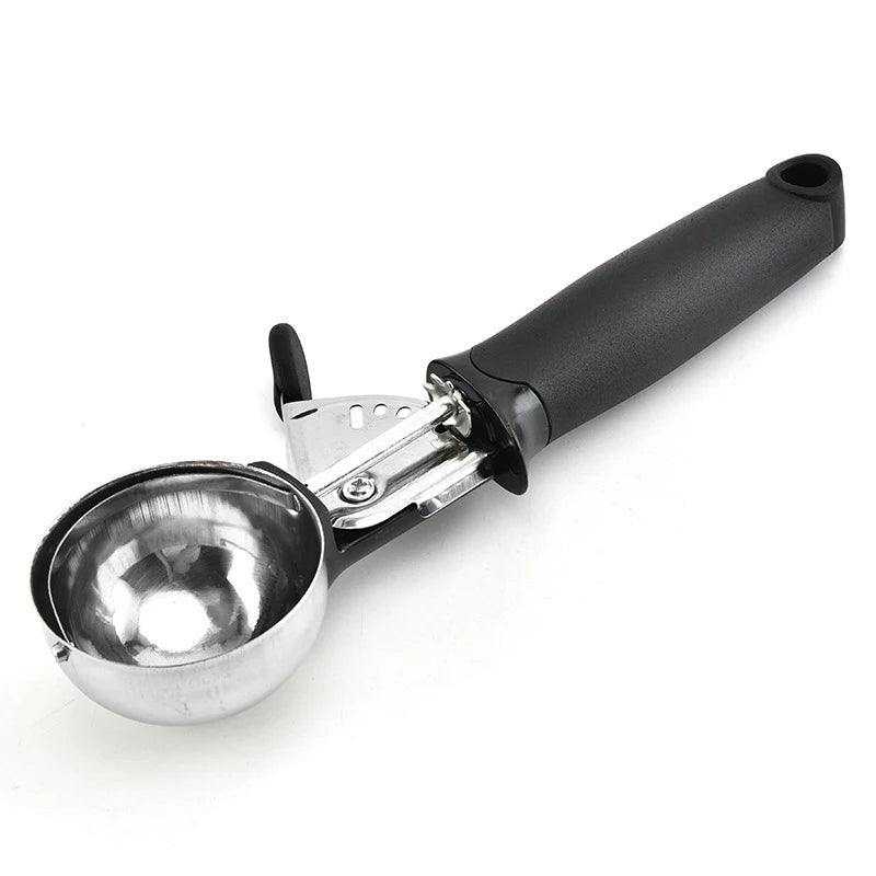 Stainless Steel Ice Cream Scooper – Pressable Fruit Spoon and Dual-Purpose Ball Scoop