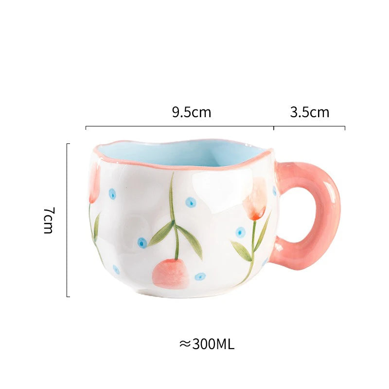 300ml Cute Ceramic Mug – Hand-Pinched Heart & Flower Pattern Coffee & Tea Cup