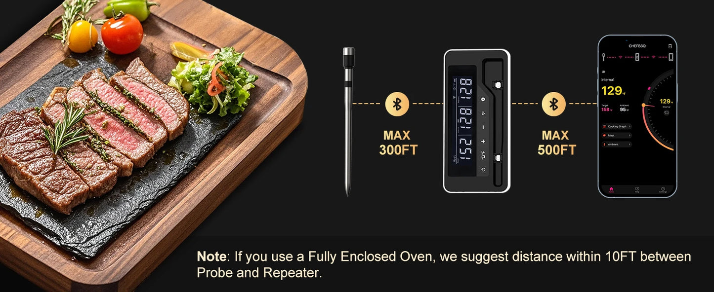Wireless Meat Thermometer – Bluetooth Digital Probe with App & LCD for Oven, BBQ & Smoker