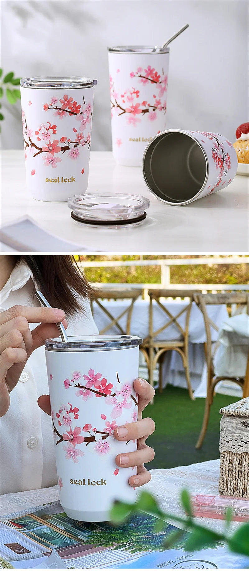 Cherry Blossom Stainless Steel Thermal Mug – Leak-Proof Travel Cup with Lid, 360–560ml
