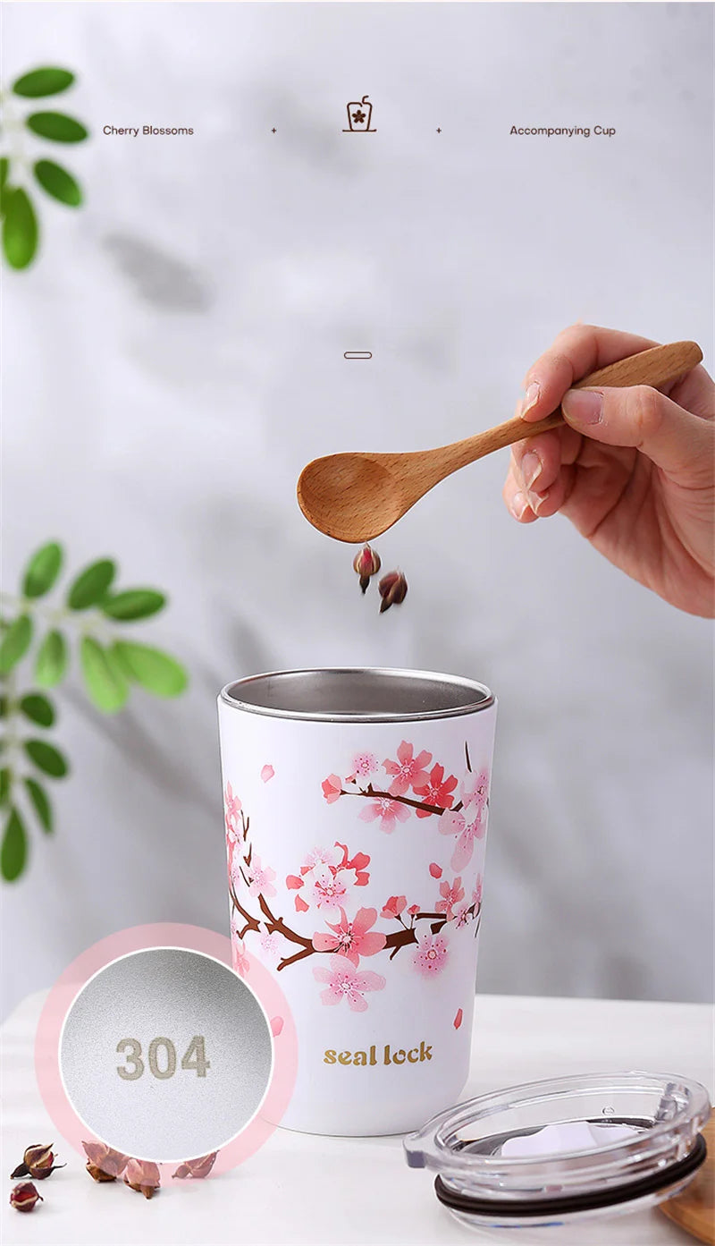 Cherry Blossom Stainless Steel Thermal Mug – Leak-Proof Travel Cup with Lid, 360–560ml