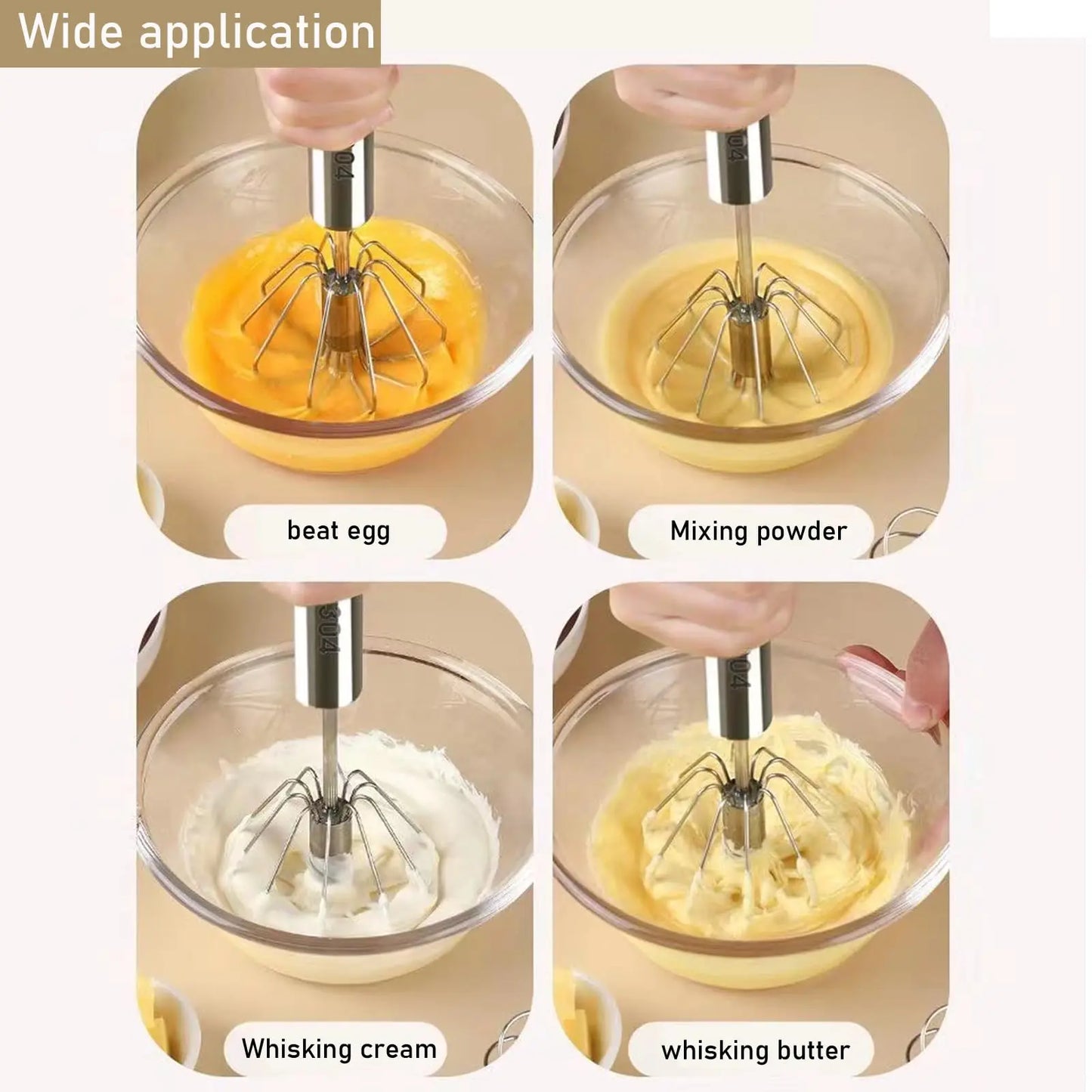 Semi-Automatic Stainless Steel Egg Beater – Self-Turning Hand Whisk Kitchen Tool