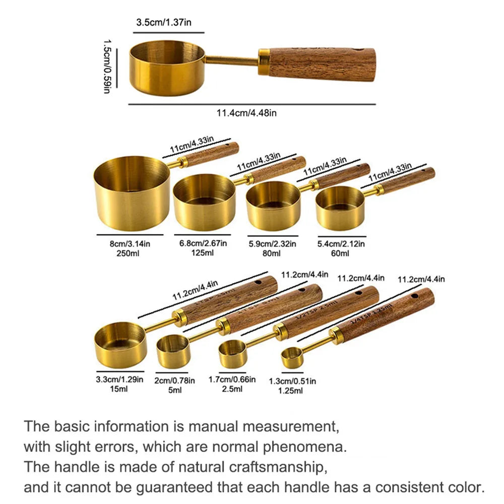 Gold Stainless Steel Measuring Cups and Spoons Set – Wooden Handle Baking and Coffee Tools