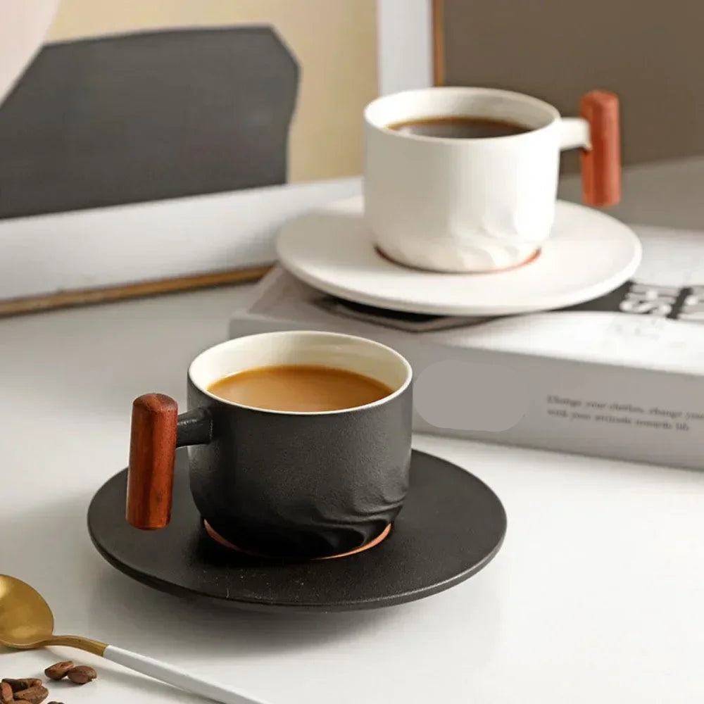 80ml Handmade Ceramic Coffee Cup – Retro Tea of Coffee Mug with Wooden Handle