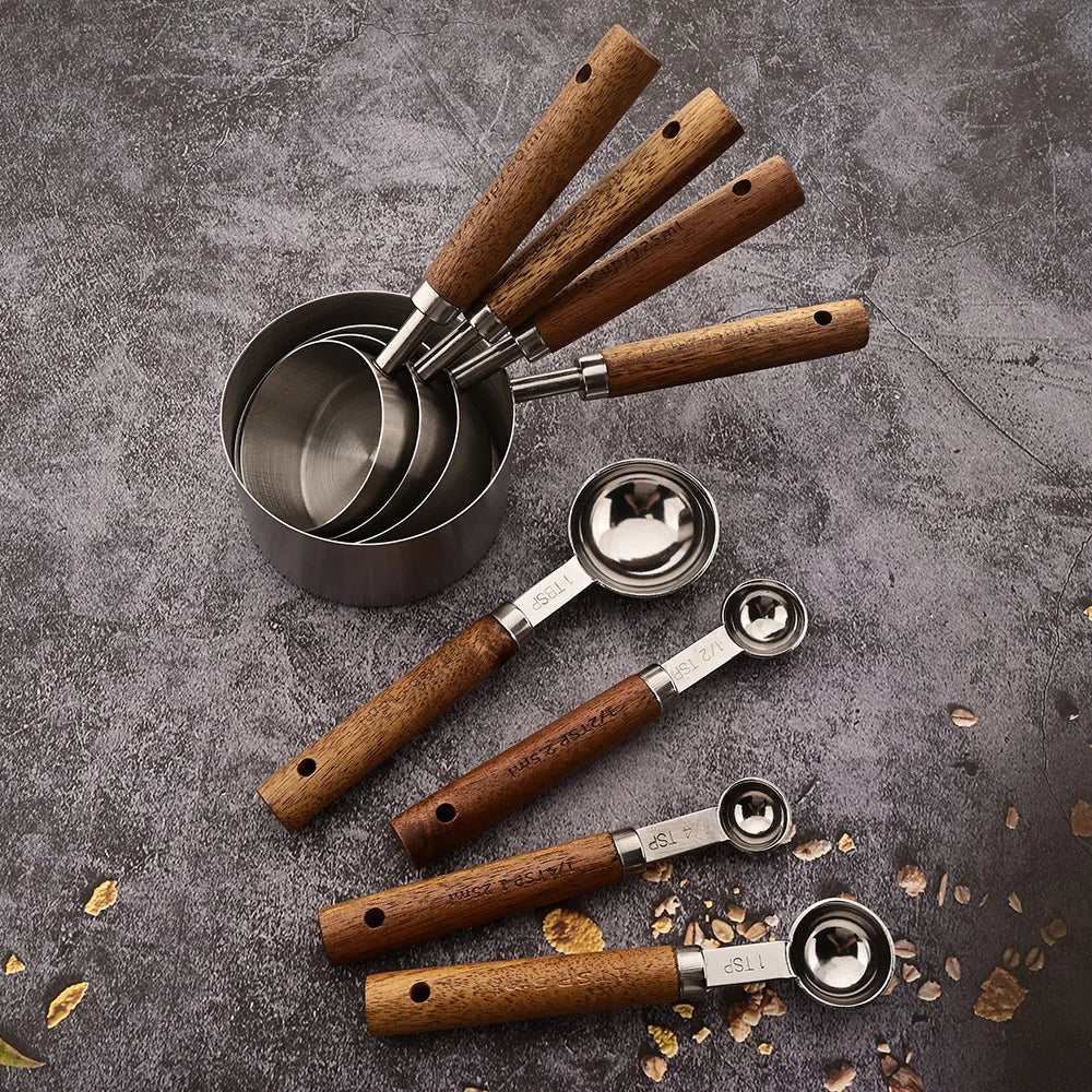 Gold Stainless Steel Measuring Cups and Spoons Set – Wooden Handle Baking and Coffee Tools
