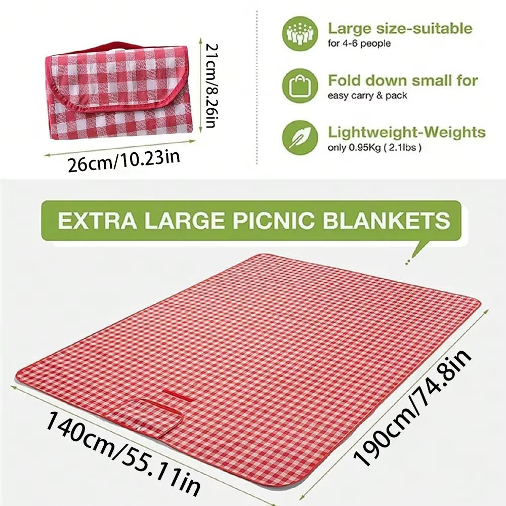 Checkered Picnic Blanket 140×190cm – Washable Lightweight Mat with Handle for Camping
