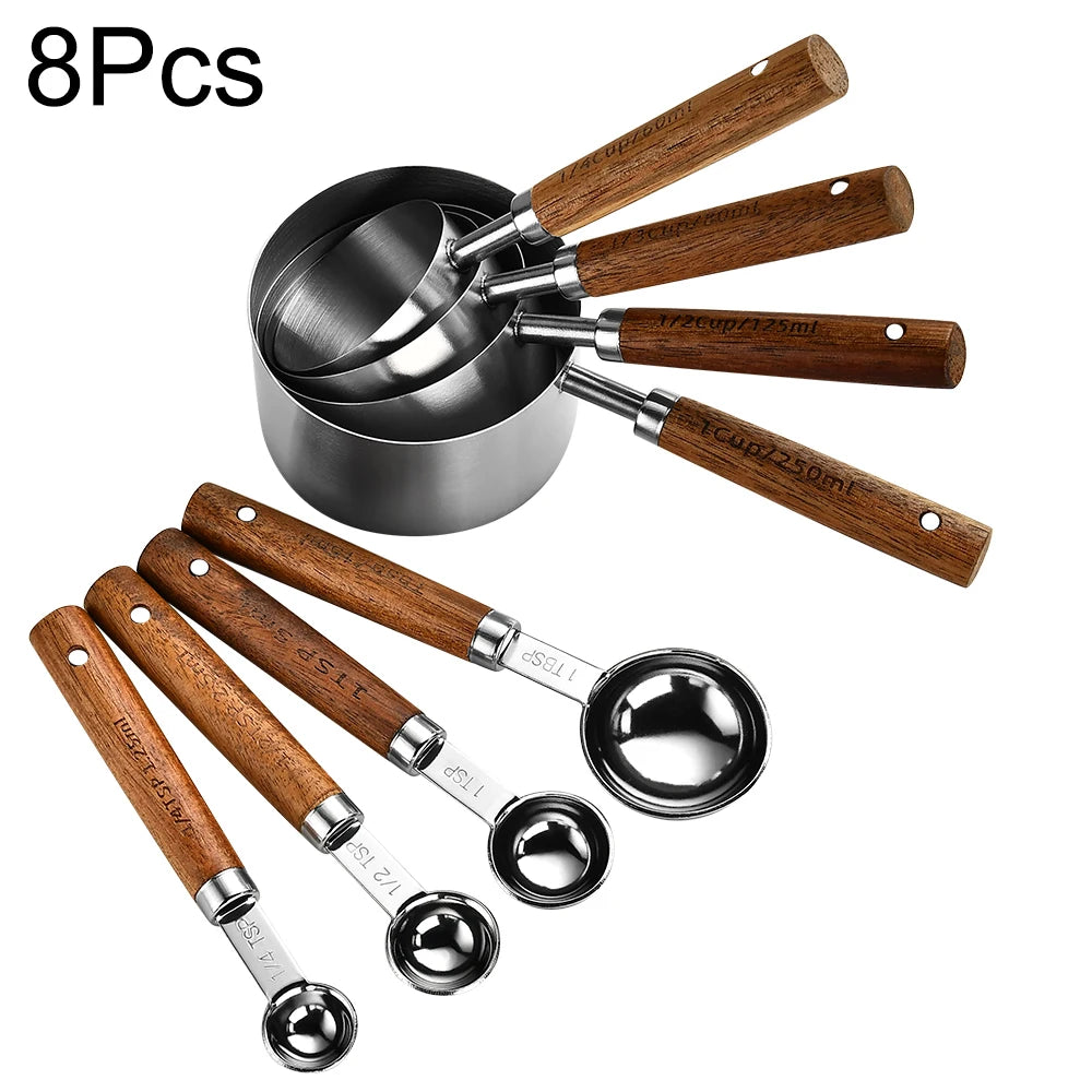 Gold Stainless Steel Measuring Cups and Spoons Set – Wooden Handle Baking and Coffee Tools