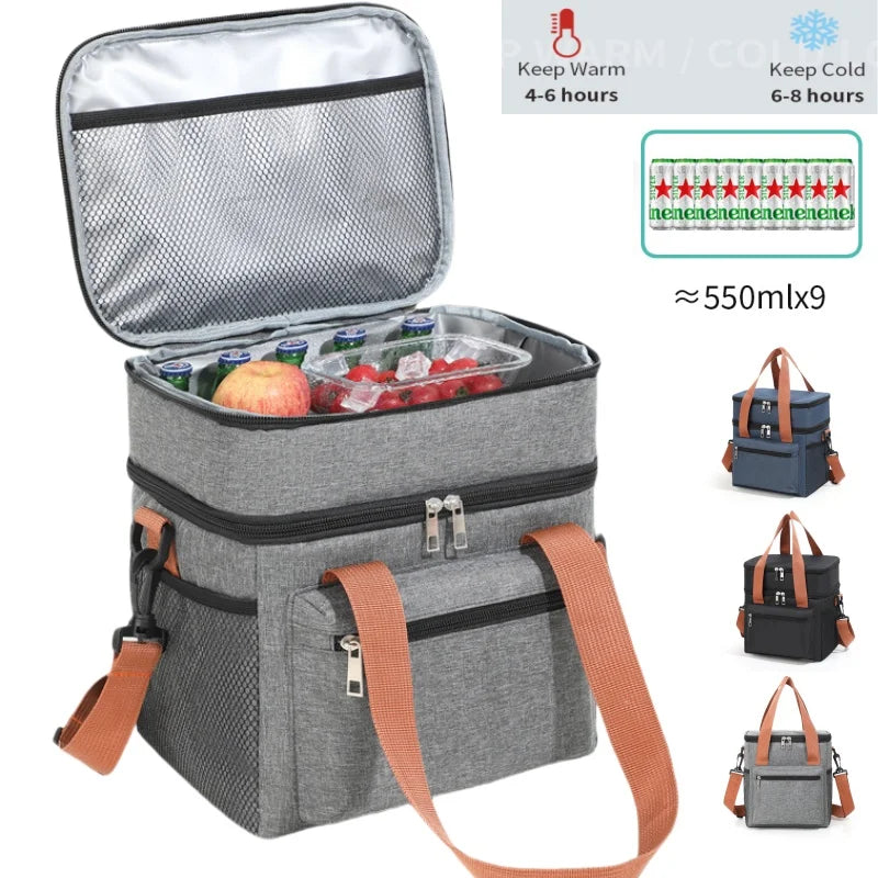 Large Double-Layer Insulated Cooler Lunch Bag – Waterproof Picnic Tote with Shoulder Strap