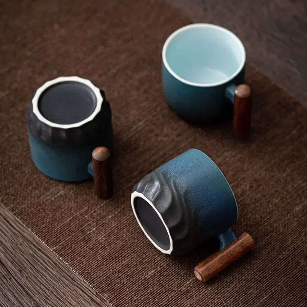 80ml Handmade Ceramic Coffee Cup – Retro Tea of Coffee Mug with Wooden Handle