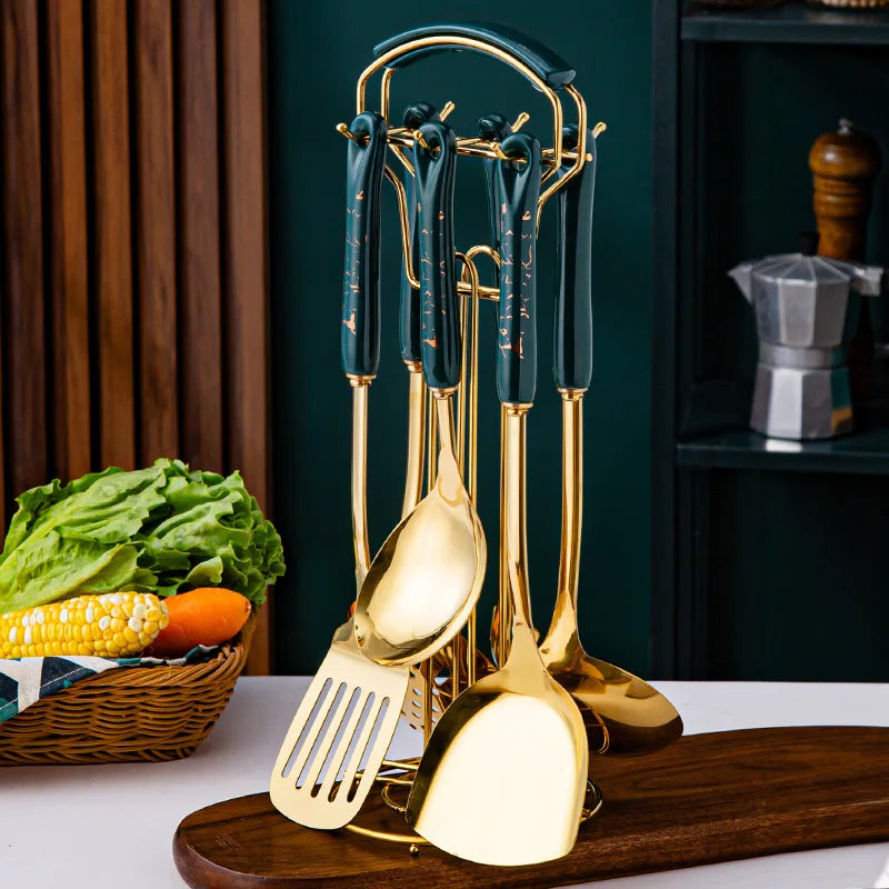 7-Piece Stainless Steel Kitchen Utensil Set with Ceramic Handles – Nordic Style