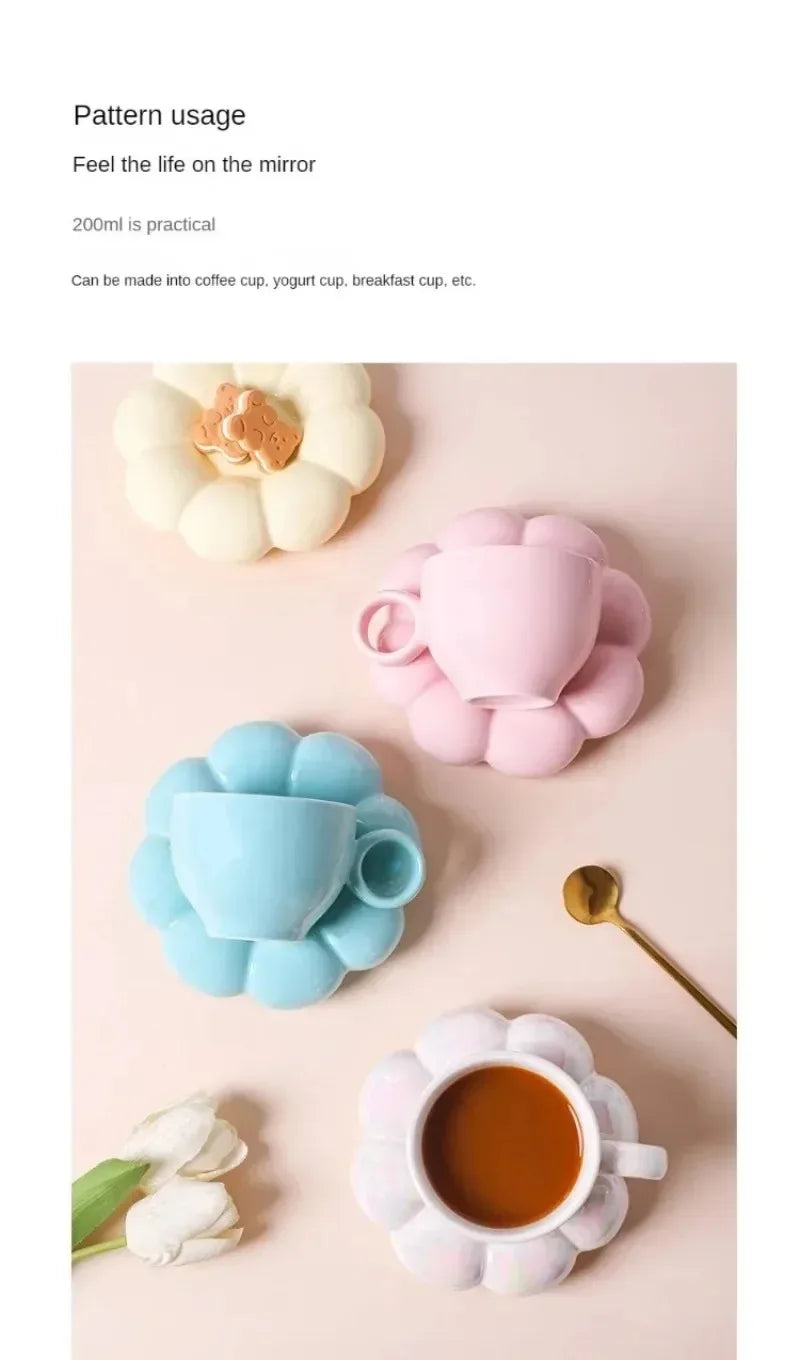 Aesthetic Sunflower Ceramic Coffee Mug with Saucer – Cute Cloud Cup for Tea & Office
