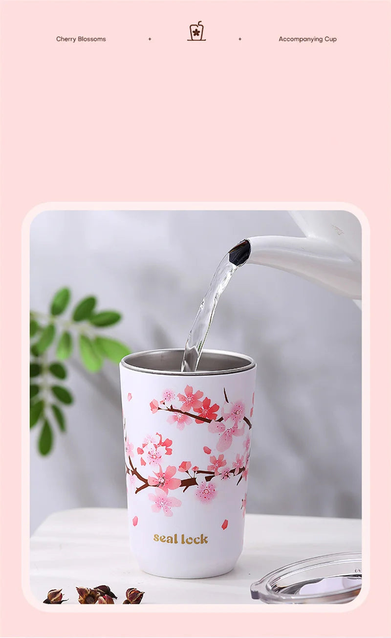 Cherry Blossom Stainless Steel Thermal Mug – Leak-Proof Travel Cup with Lid, 360–560ml