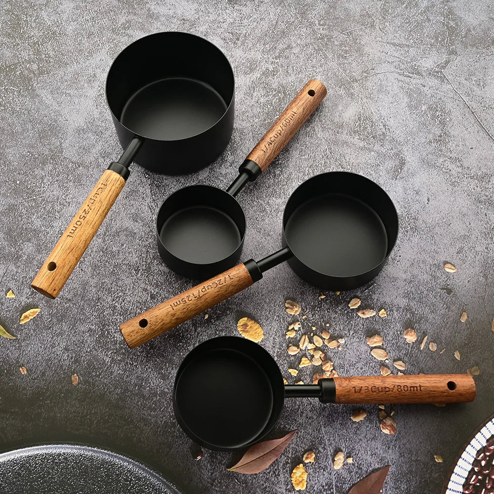 Gold Stainless Steel Measuring Cups and Spoons Set – Wooden Handle Baking and Coffee Tools