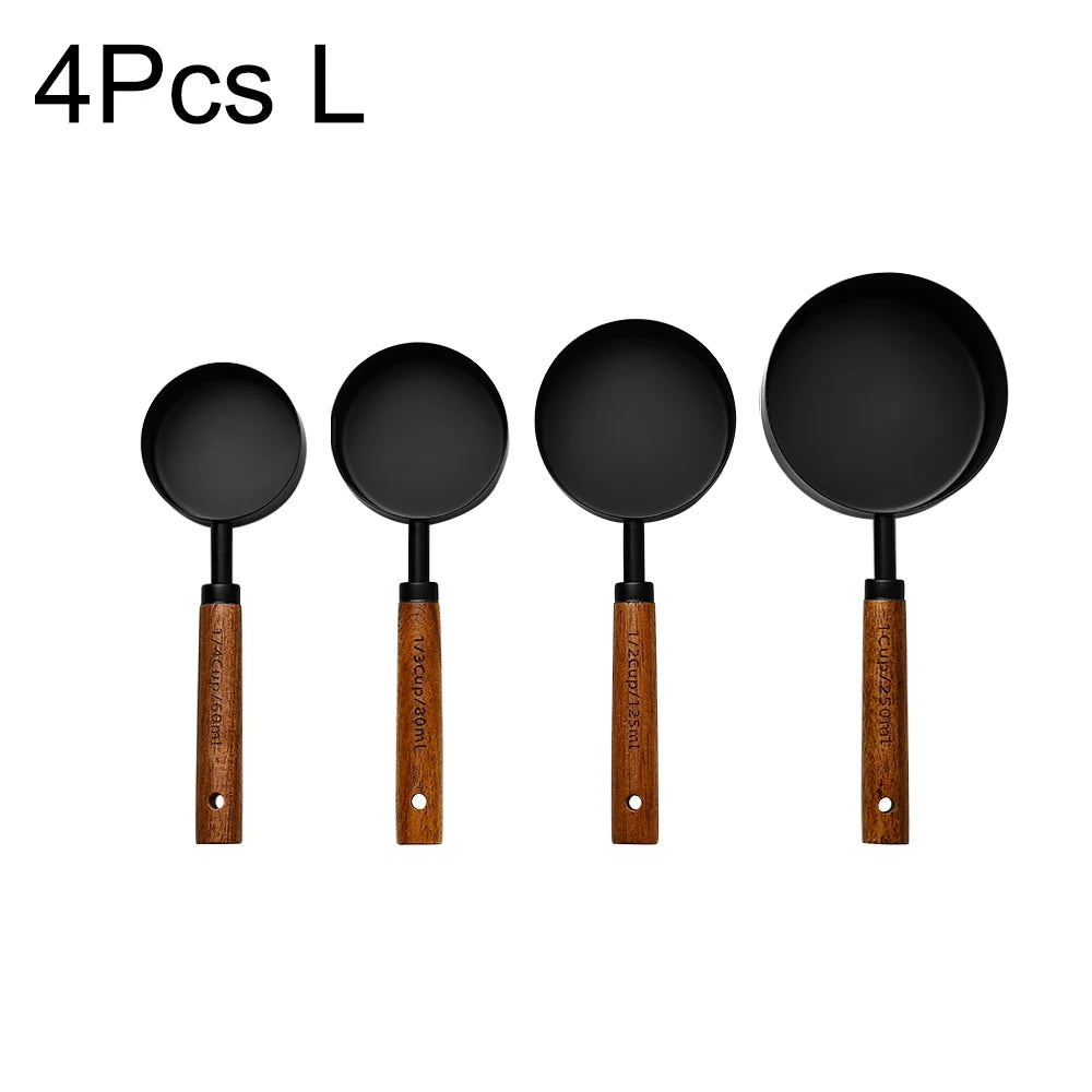 Gold Stainless Steel Measuring Cups and Spoons Set – Wooden Handle Baking and Coffee Tools