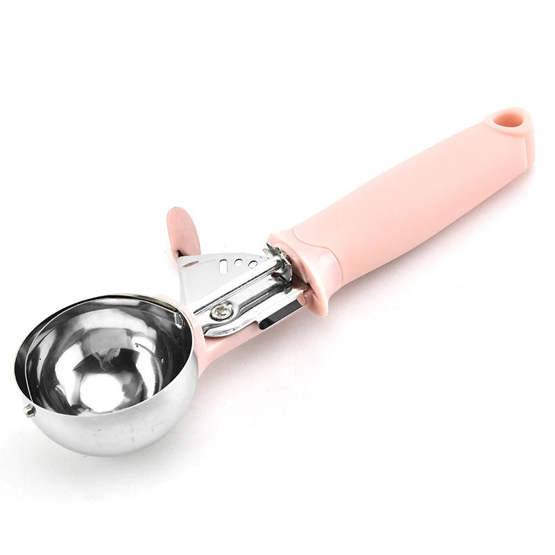 Stainless Steel Ice Cream Scooper – Pressable Fruit Spoon and Dual-Purpose Ball Scoop