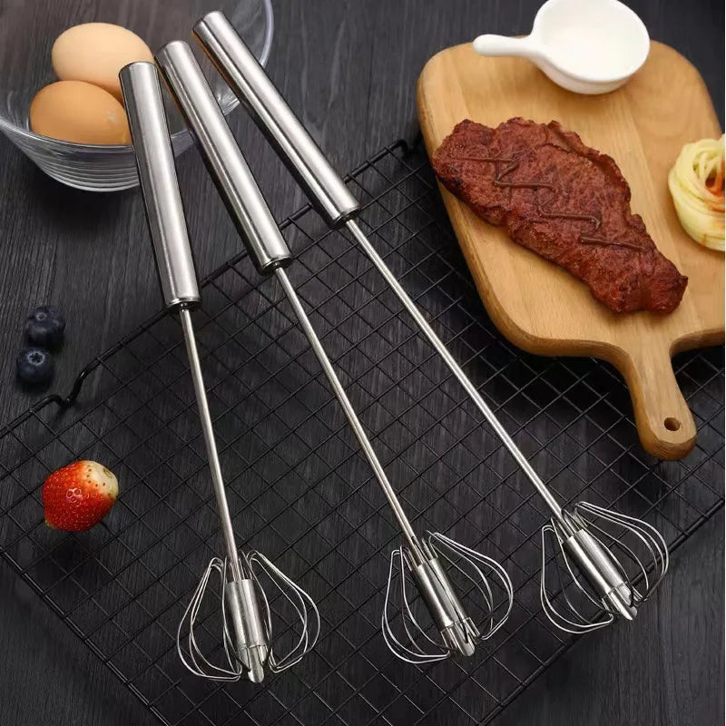 Semi-Automatic Stainless Steel Egg Beater – Self-Turning Hand Whisk Kitchen Tool