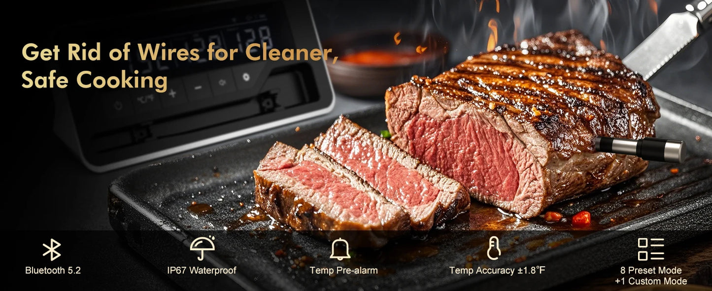 Wireless Meat Thermometer – Bluetooth Digital Probe with App & LCD for Oven, BBQ & Smoker