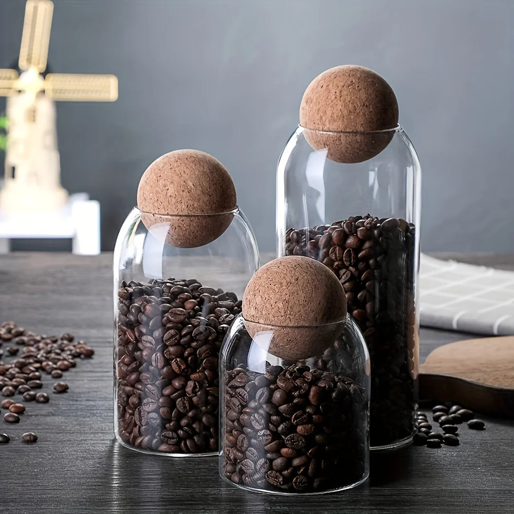 3pcs Glass Pantry Jars with Ball Cork Lid – Airtight Storage for Spices, Tea & Dry Goods