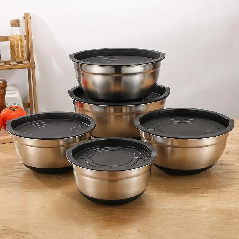 Stainless Steel Salad Mixing Bowl with Lid and Non-Slip Silicone Base – Various Sizes Available
