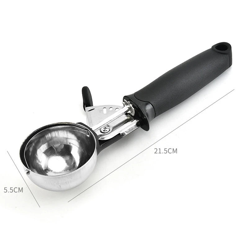 Stainless Steel Ice Cream Scooper – Pressable Fruit Spoon and Dual-Purpose Ball Scoop