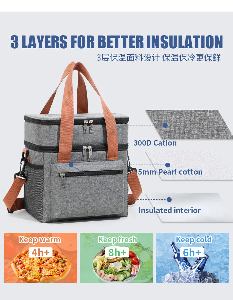 Large Double-Layer Insulated Cooler Lunch Bag – Waterproof Picnic Tote with Shoulder Strap