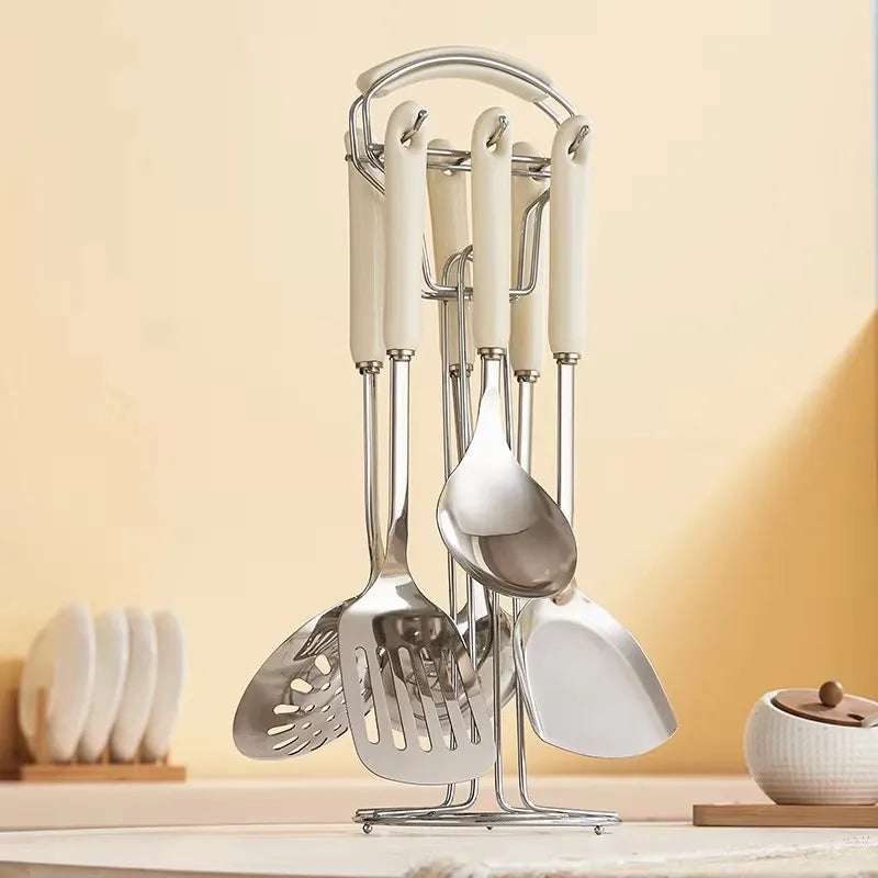 7-Piece Stainless Steel Kitchen Utensil Set with Ceramic Handles – Nordic Style