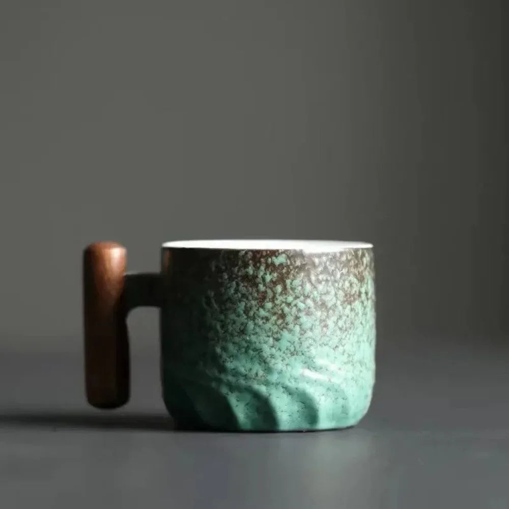 80ml Handmade Ceramic Coffee Cup – Retro Tea of Coffee Mug with Wooden Handle