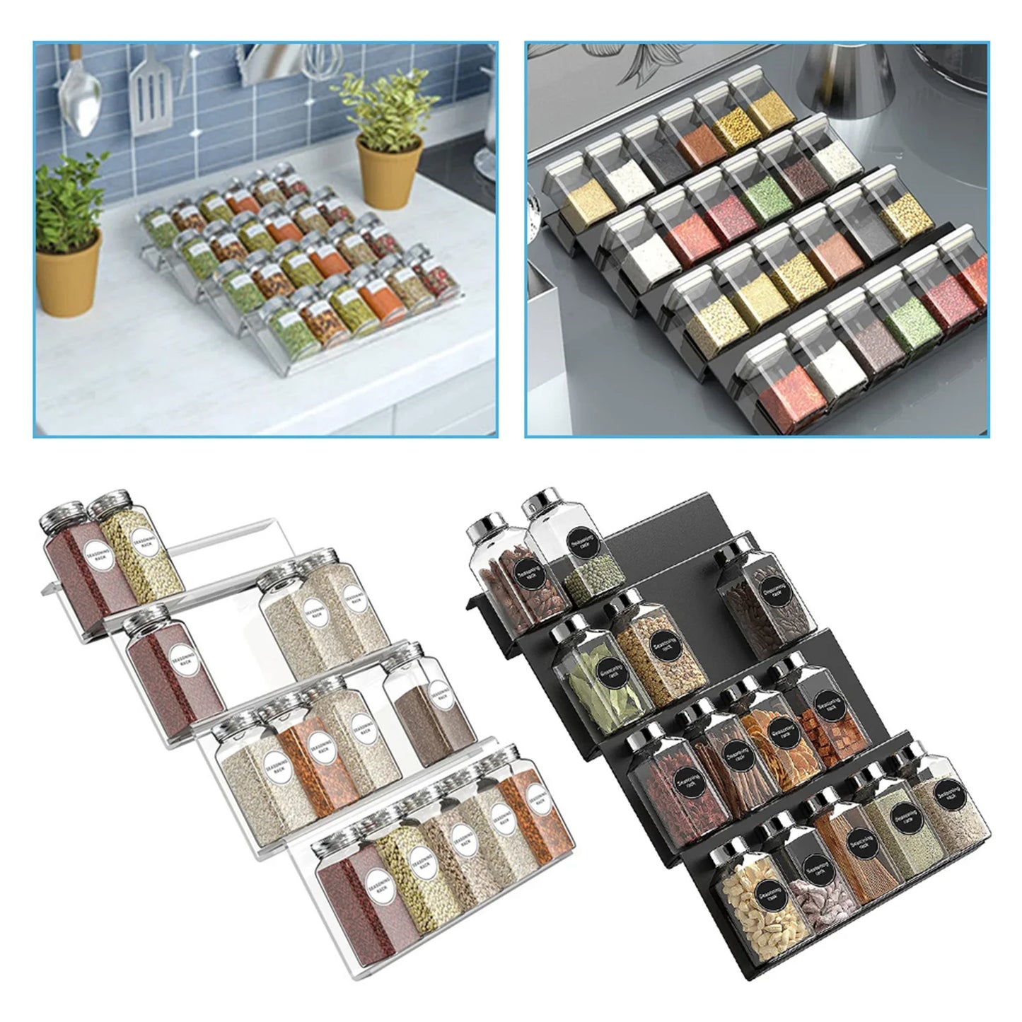 4-Tier Spice Drawer Organiser – Clear Acrylic Rack for Kitchen Storage & Bottle Display