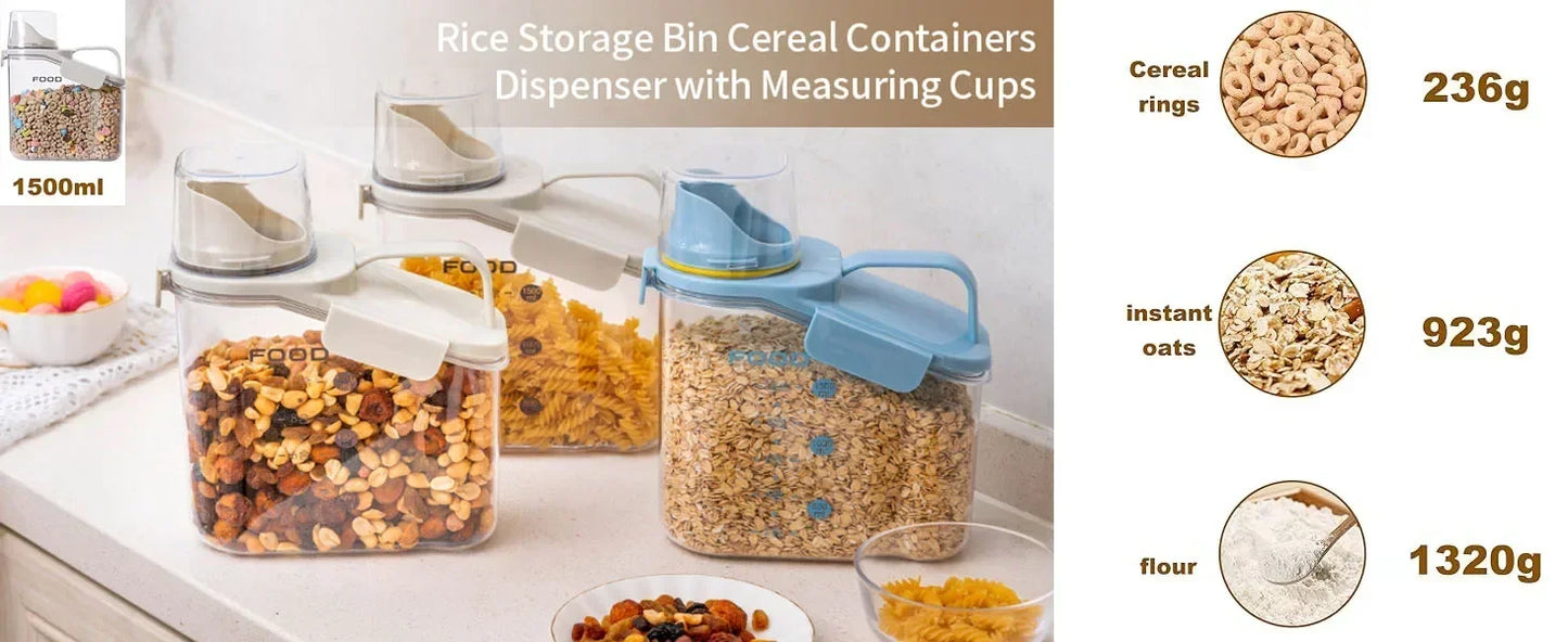 Airtight Cereal Storage Container 1.5L with Pouring Spout & Measuring Cup