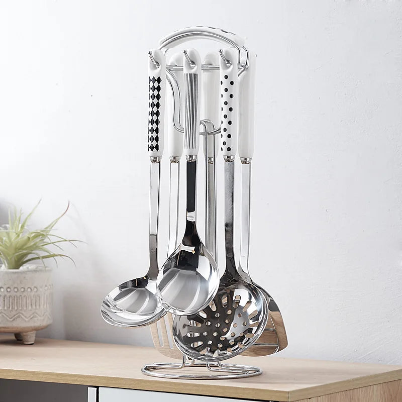 7-Piece Stainless Steel Kitchen Utensil Set with Ceramic Handles – Nordic Style
