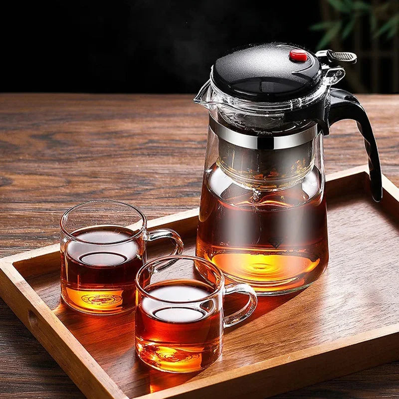 Heat Resistant Glass Teapot with One-Click Filtering – Tea and Coffee Maker with Water Separation