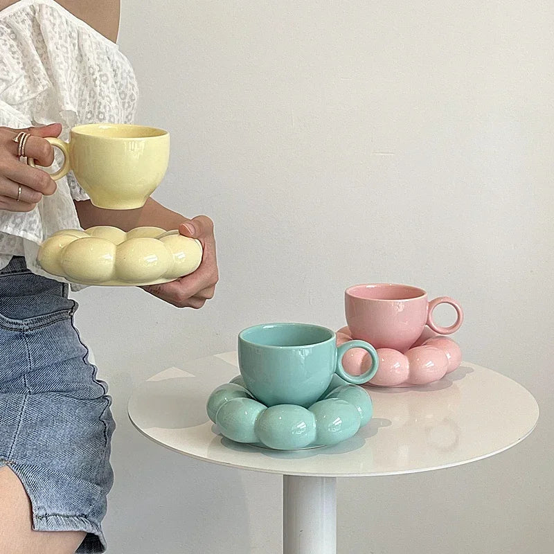 Aesthetic Sunflower Ceramic Coffee Mug with Saucer – Cute Cloud Cup for Tea & Office
