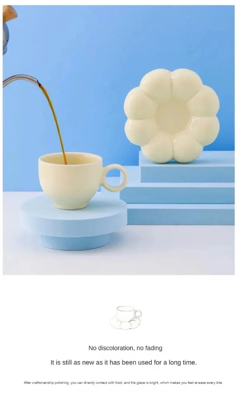 Aesthetic Sunflower Ceramic Coffee Mug with Saucer – Cute Cloud Cup for Tea & Office