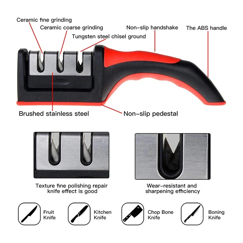 3-Stage Knife Sharpener with Anti-Slip Base – Quick Handheld Sharpening Tool