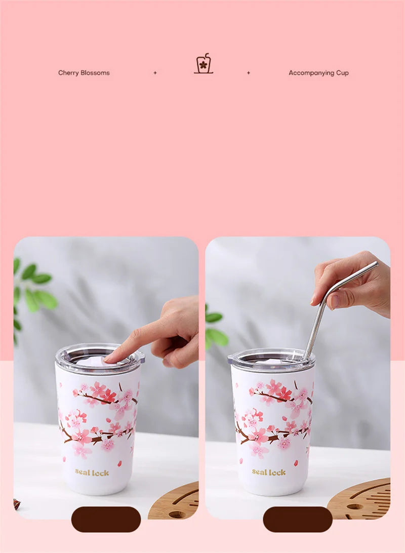 Cherry Blossom Stainless Steel Thermal Mug – Leak-Proof Travel Cup with Lid, 360–560ml