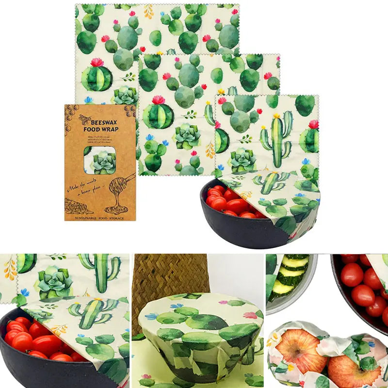 3pcs Reusable Beeswax Food Wraps – Natural Cotton Covers for Cheese, Fruit & Bread