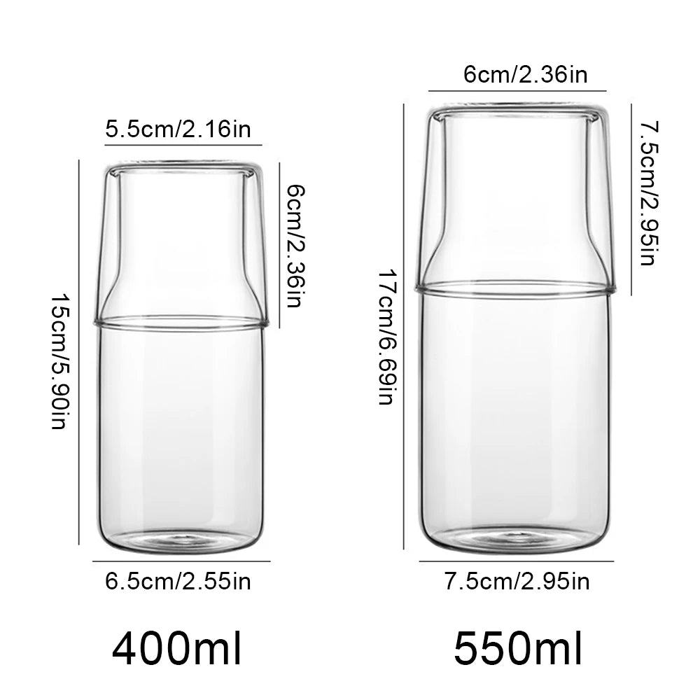 Glass Water Carafe with Cup Lid – 400ml/550ml Bedside Jug for Night-time or Everyday Use