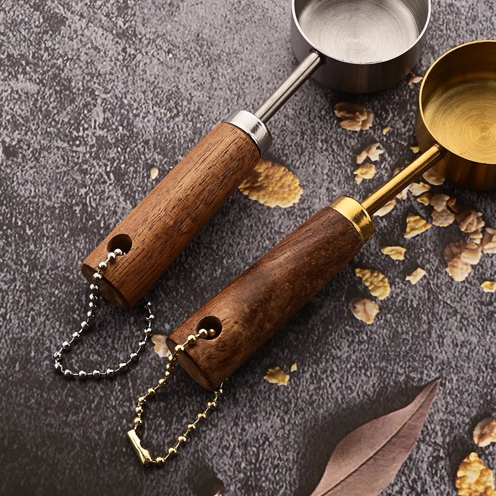 Gold Stainless Steel Measuring Cups and Spoons Set – Wooden Handle Baking and Coffee Tools