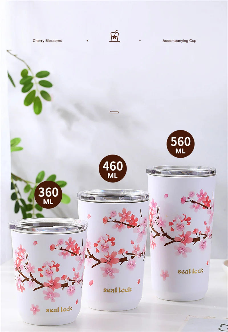 Cherry Blossom Stainless Steel Thermal Mug – Leak-Proof Travel Cup with Lid, 360–560ml