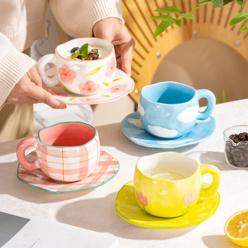 300ml Cute Ceramic Mug – Hand-Pinched Heart & Flower Pattern Coffee & Tea Cup