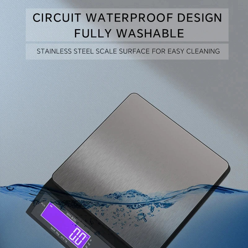 Waterproof Digital Kitchen Scale – Stainless Steel with LCD Display, 5kg/0.1g Accuracy