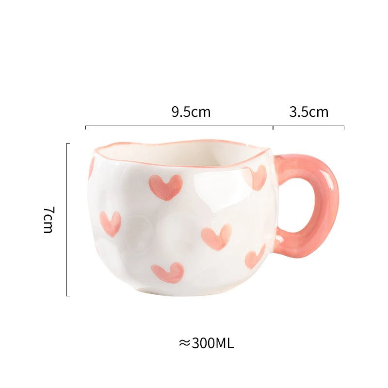 300ml Cute Ceramic Mug – Hand-Pinched Heart & Flower Pattern Coffee & Tea Cup