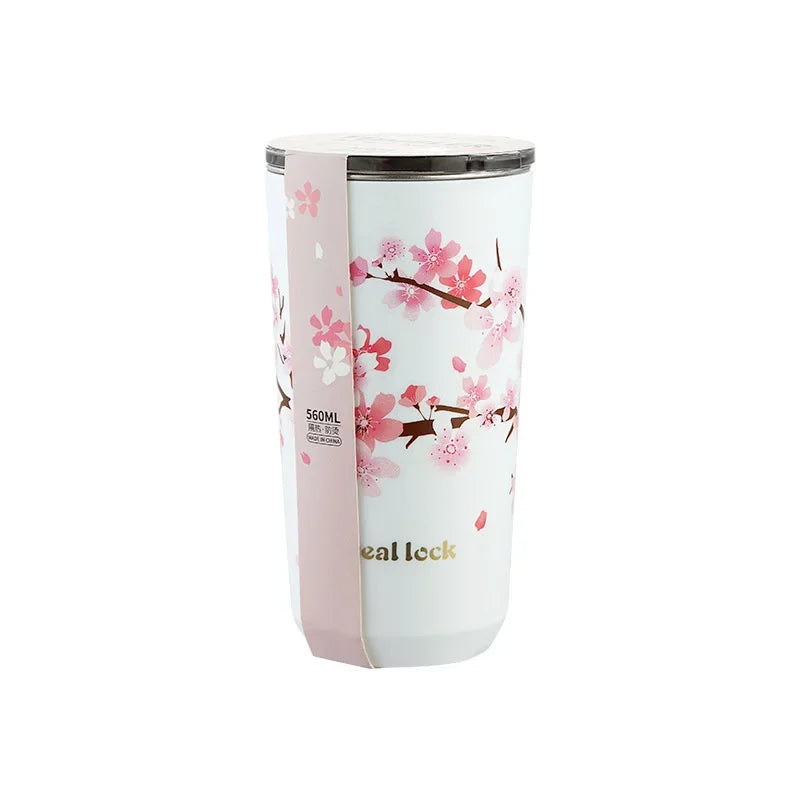 Cherry Blossom Stainless Steel Thermal Mug – Leak-Proof Travel Cup with Lid, 360–560ml