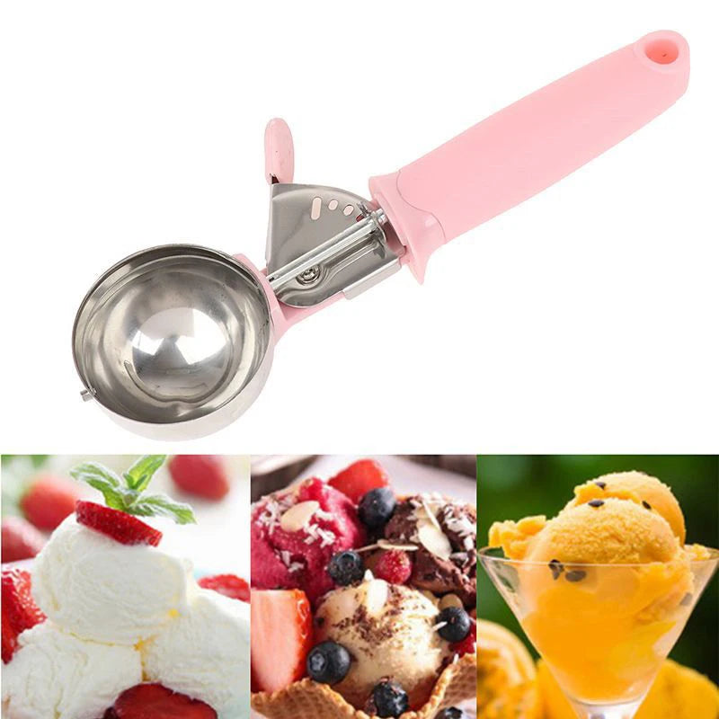 Stainless Steel Ice Cream Scooper – Pressable Fruit Spoon and Dual-Purpose Ball Scoop
