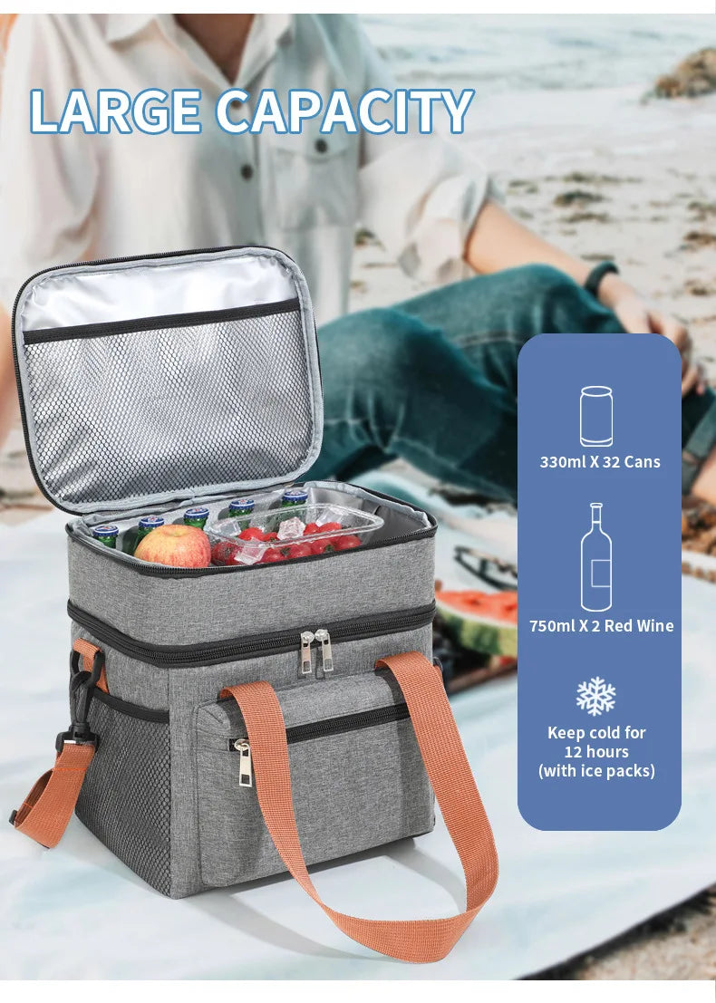 Large Double-Layer Insulated Cooler Lunch Bag – Waterproof Picnic Tote with Shoulder Strap