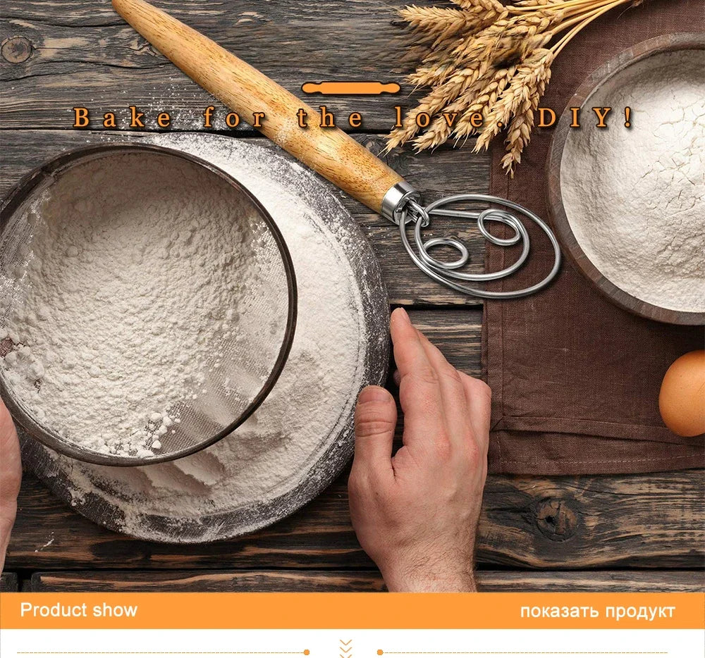 Stainless Steel Danish Dough Whisk – Handheld Beater for Bread & Pastry Mixing